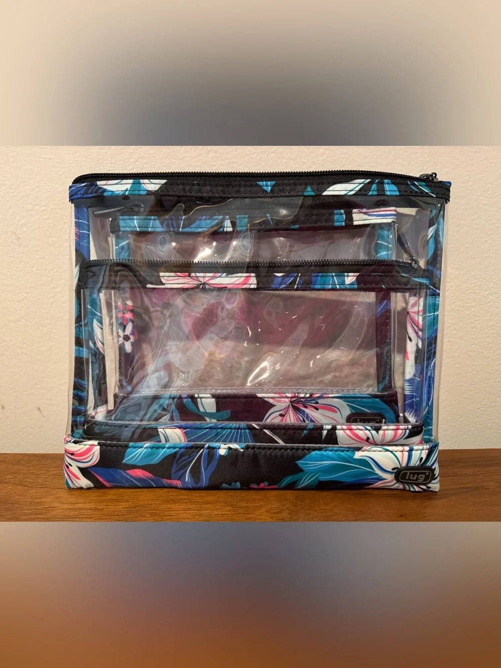 Lug Seesaw 2 Piece Clear Envelope Travel Pouch Set Black Floral Whimsy NWOT
